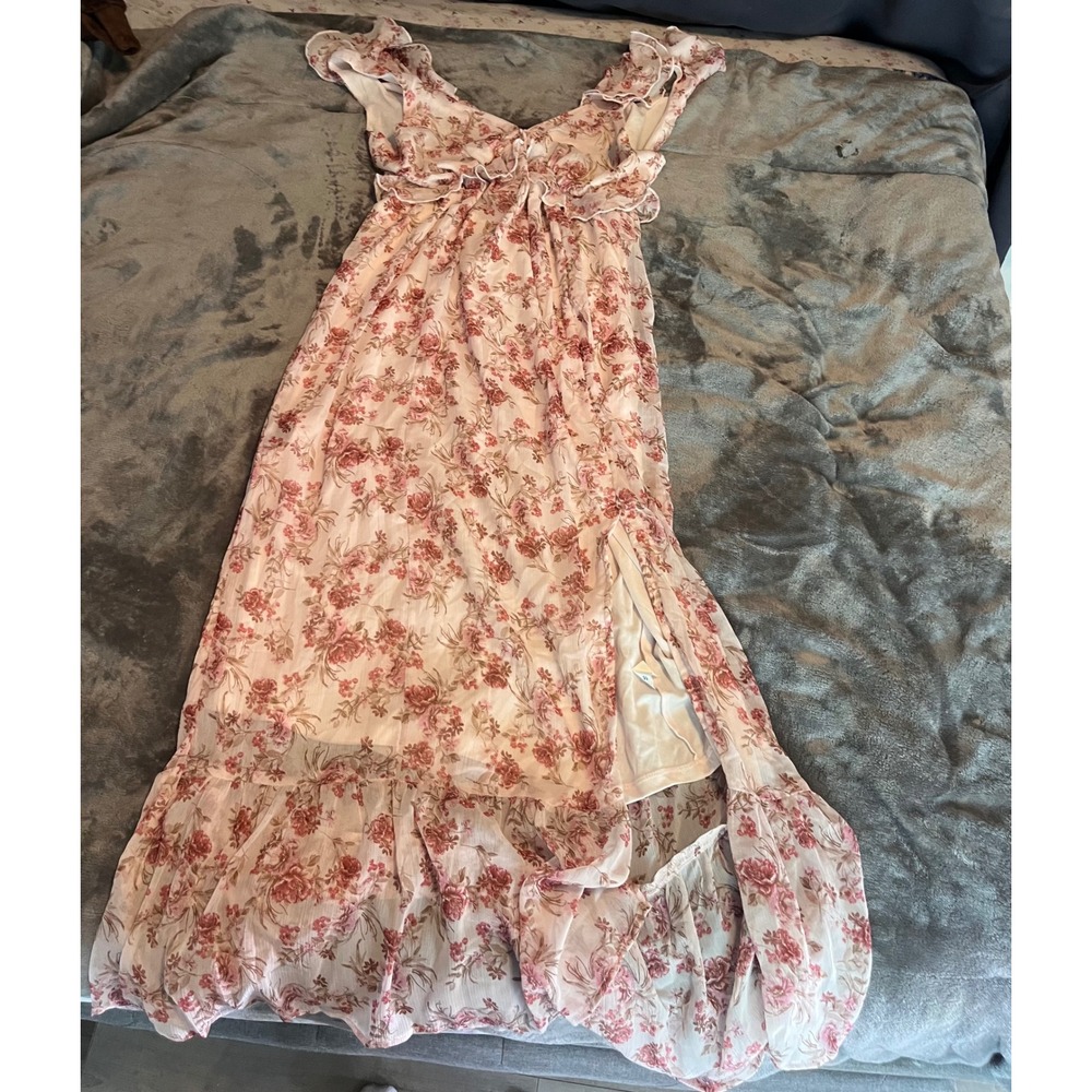 Pink Floral Ruffle Maxi Dress V-Neck Tie Back Side Slit Chiffon Size 16